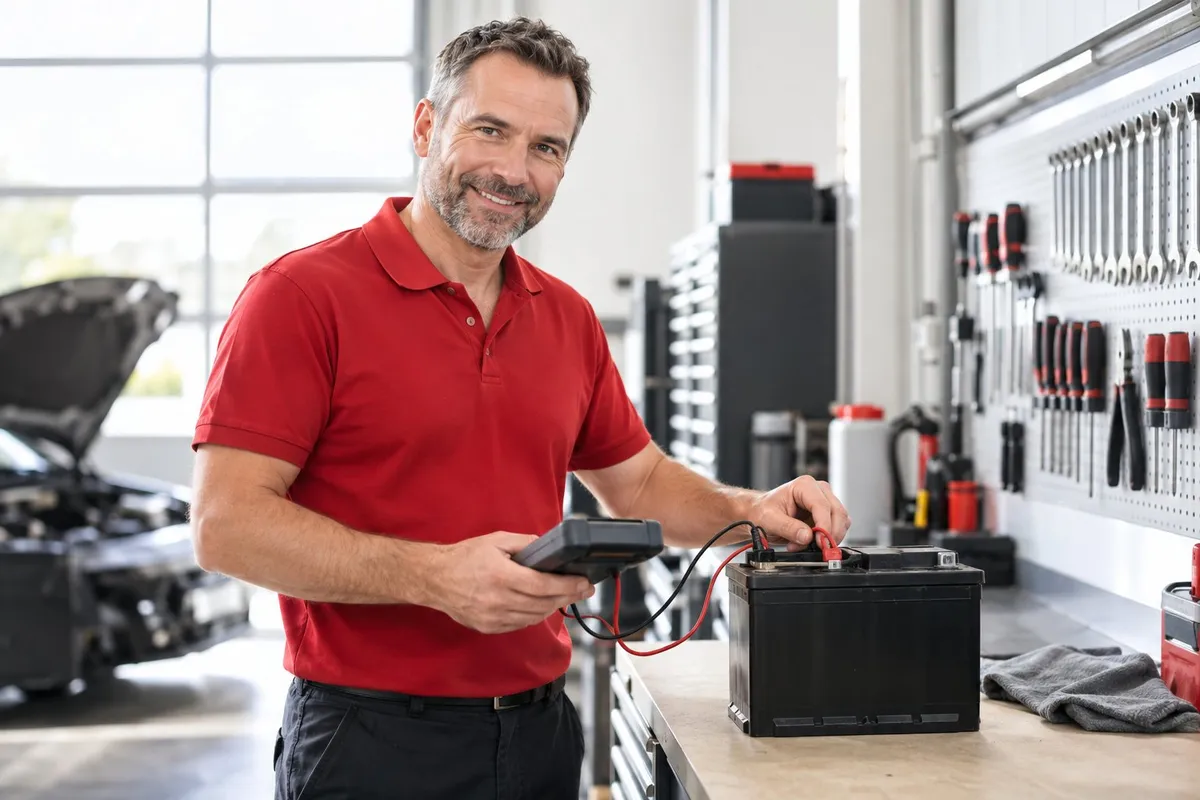 Technicien contrôlant une batterie AGM sur un établi d’atelier
