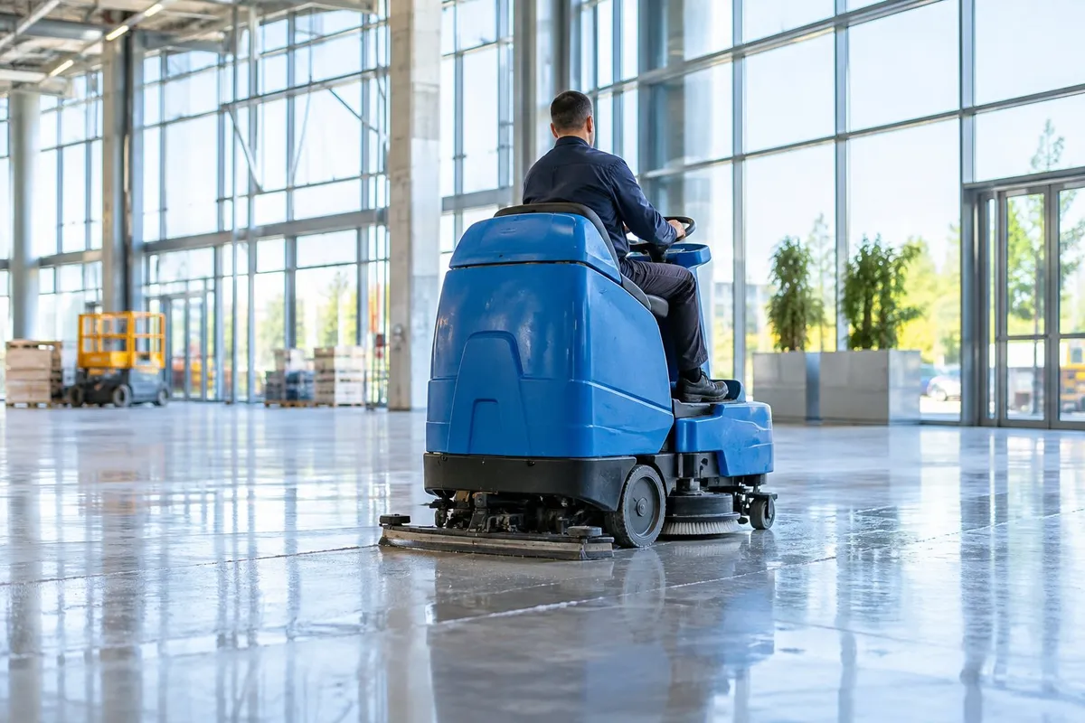 Autolaveuse autoportée en service dans un hall industriel