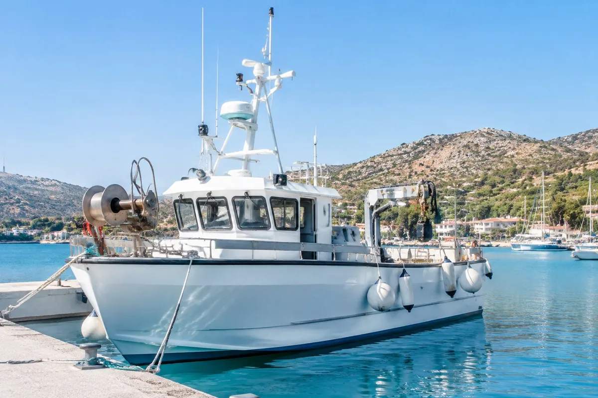 Bateau de travail professionnel amarré dans un port méditerranéen