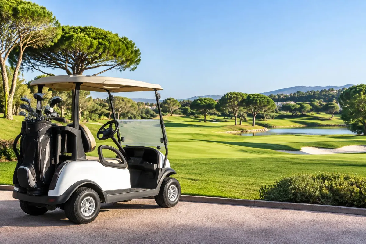 Voiturette de golf électrique au départ d’un parcours