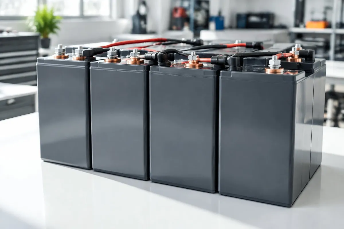 Pack de batteries lithium LiFePO4 sur un plan de travail d’atelier