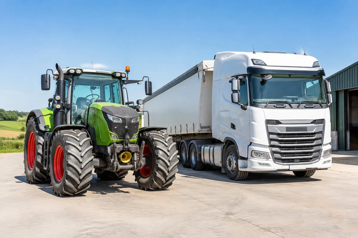 Tracteur agricole et poids lourd stationnés sur une cour d’exploitation