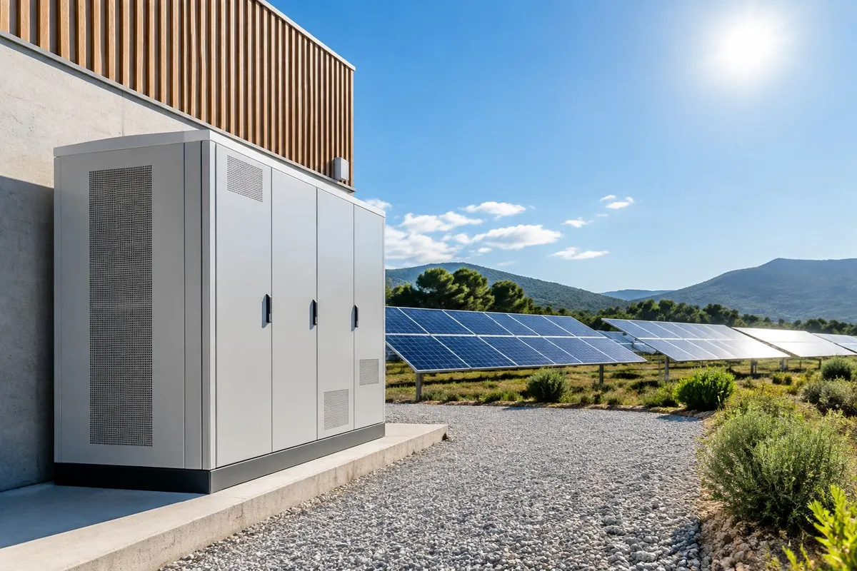 Armoire de stockage d’énergie devant un champ de panneaux photovoltaïques