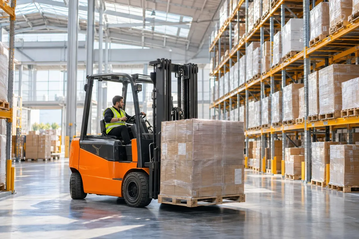 Chariot élévateur électrique en manœuvre dans un entrepôt logistique