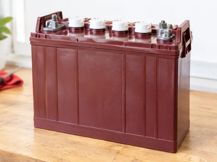 Batterie Trojan T105 6 volts à décharge profonde, bac bordeaux et bouchons de remplissage alignés