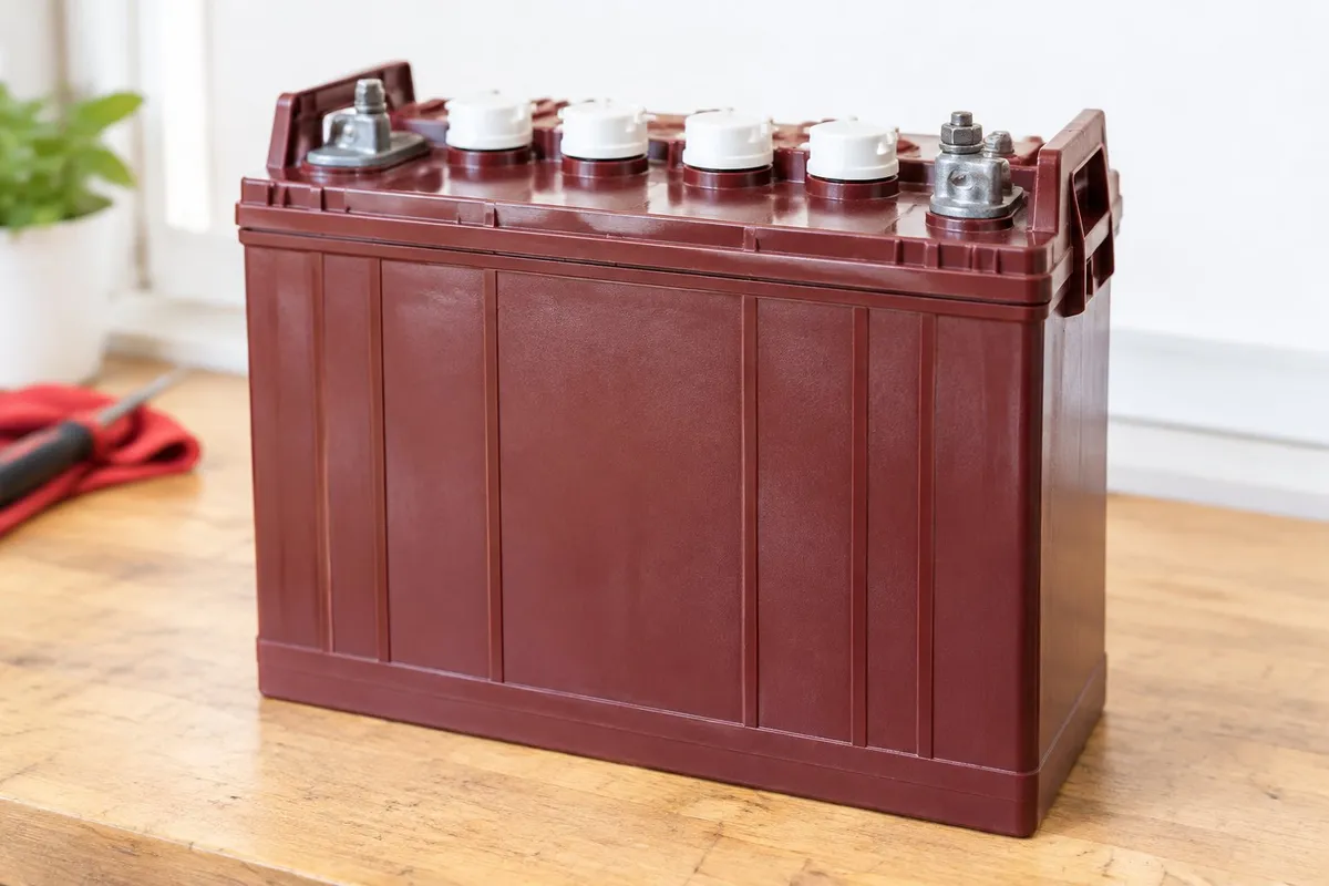 Batterie 6 volts à décharge profonde, bac bordeaux et bouchons de remplissage alignés