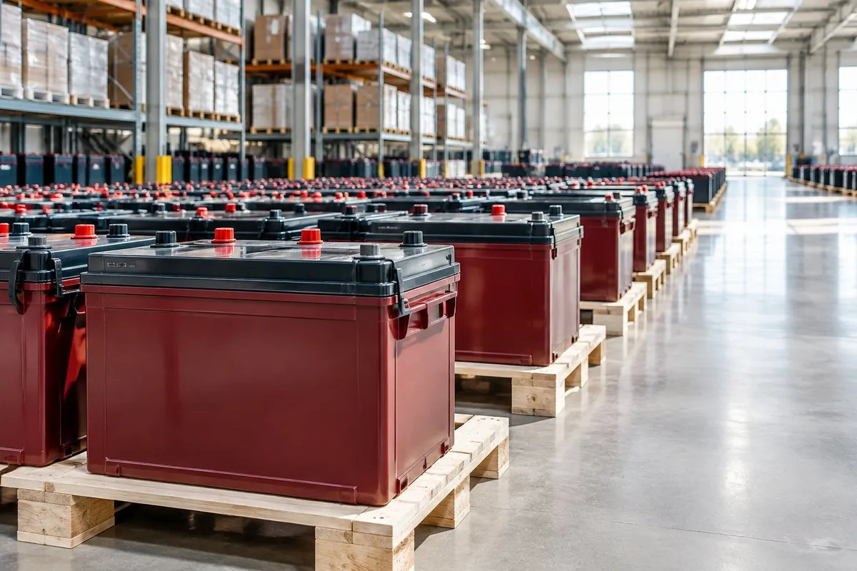 Rangées de batteries à décharge profonde sur palettes dans un entrepôt