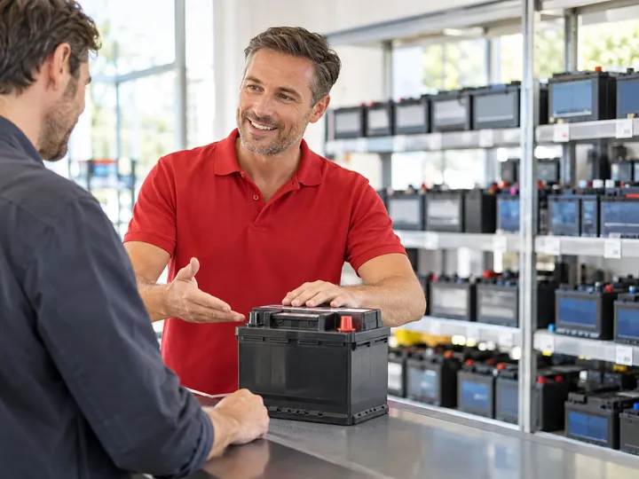 Technicien Accus Plus conseillant un client sur le choix d’une batterie