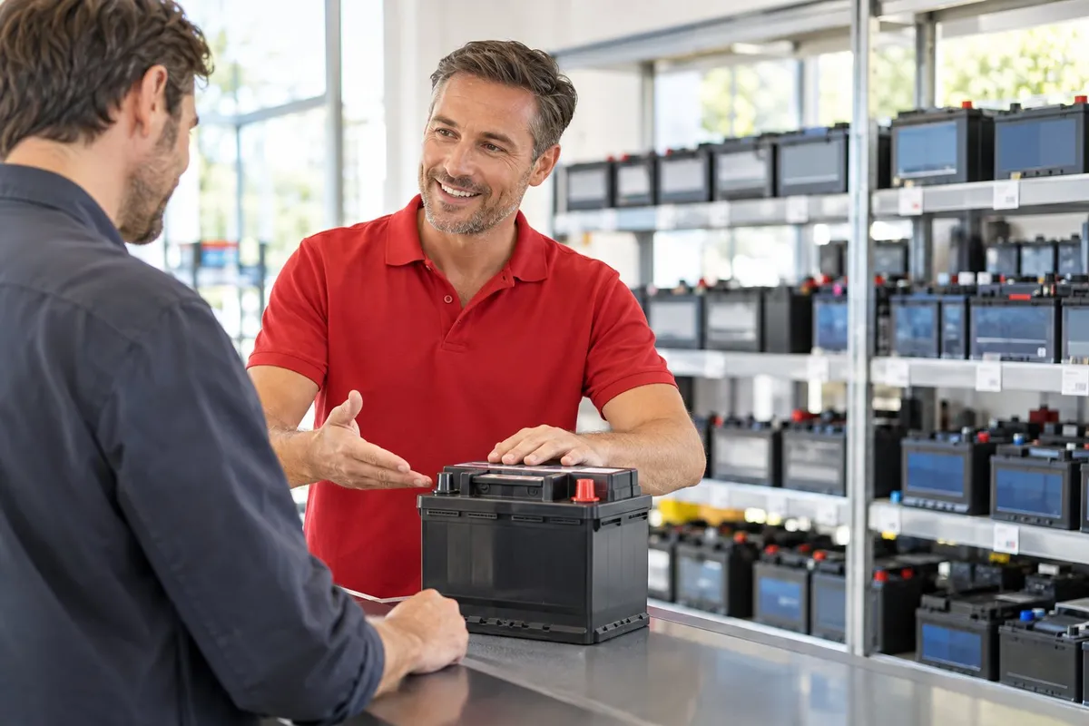 Conseiller présentant une batterie à un client professionnel au comptoir